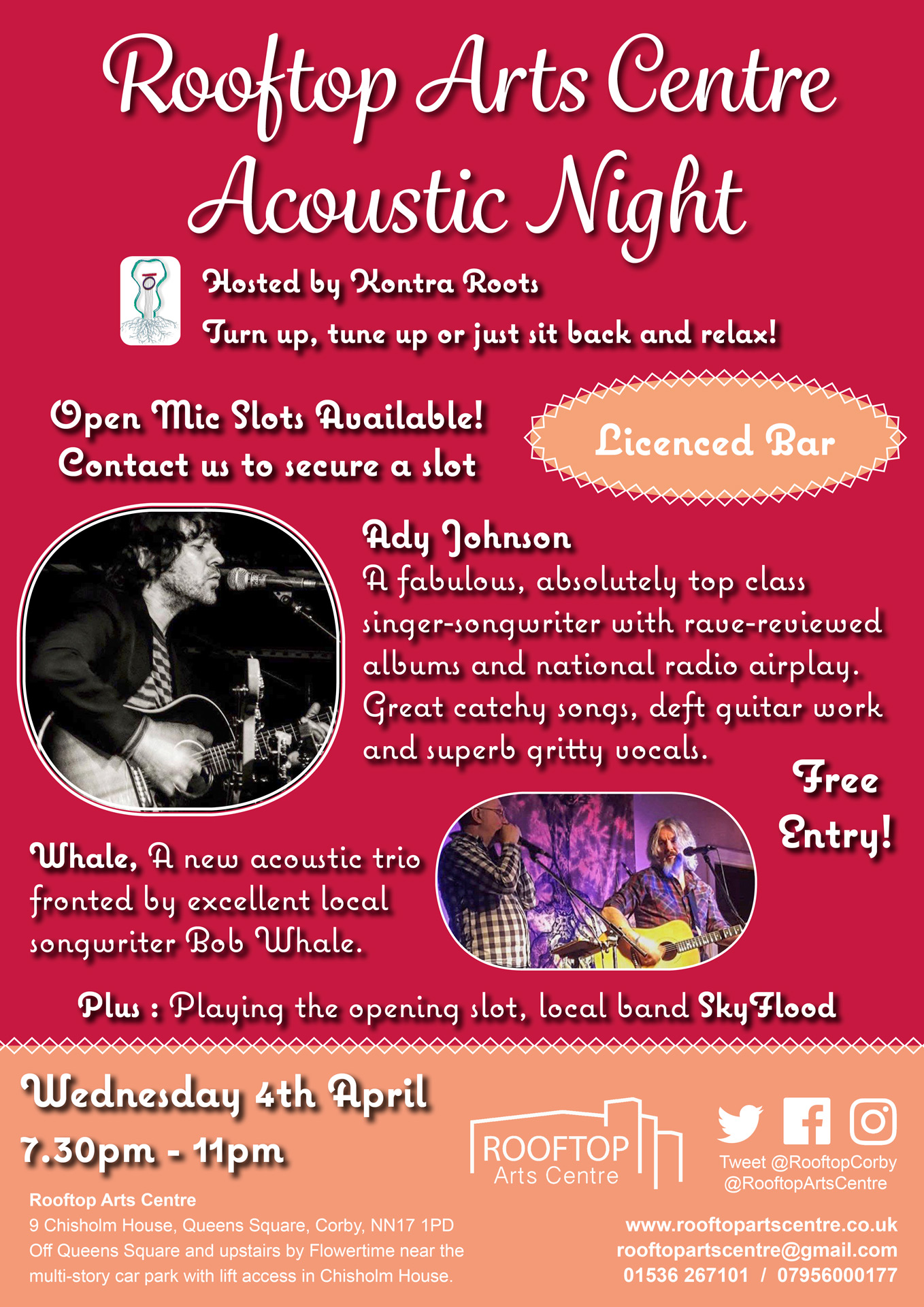 Poster advertising the monthly acoustic night at the Rooftop Arts Centre