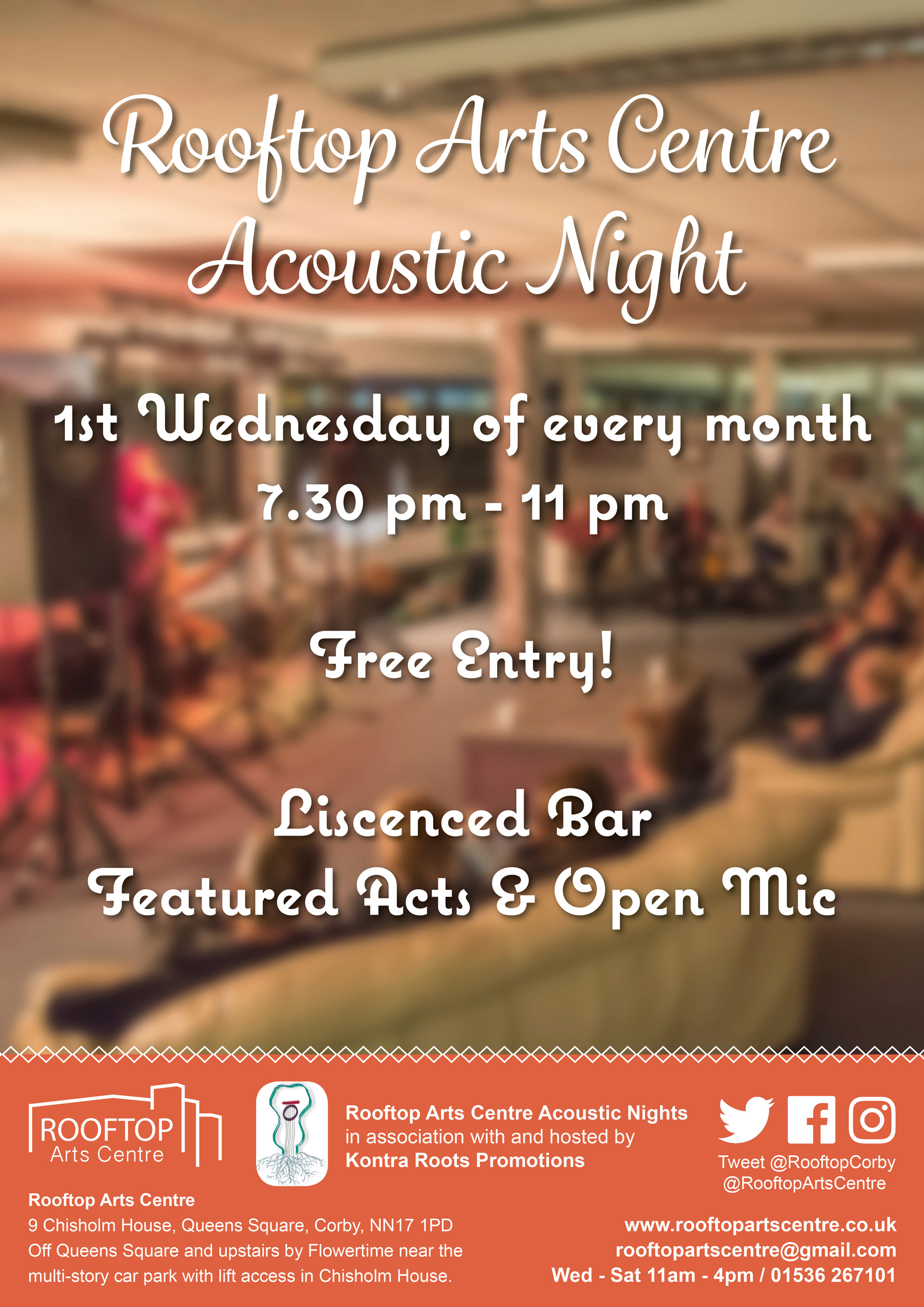 Poster advertising Acoustic Nights at the Rooftop Arts Centre